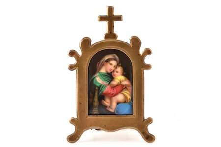 icon, Mother of God, brass, painting on porcelain, 1868, size with frame 10.7 x 6.8 x 0.8 cm