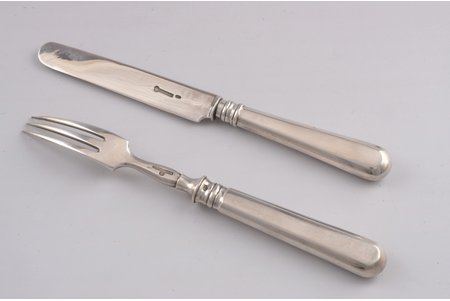 set, fork, knife, silver, 84 standart, 1896-1907, total weight of items 133.8g, Ivan Khlebnikov factory, workshop of Mikhail Ovchinnikov, Moscow, Russia, 20 cm