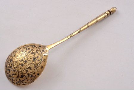 spoon, silver, 84 standart, 61.5 g, engraving, niello enamel, gilding, 18.2 cm, by Funtikov Maxim Evdokimovich, the middle of the 19th cent., Moscow, Russia, scratched near the base of the handle
