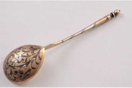 spoon, silver, 84 standart, 33.6 g, engraving, niello enamel, gilding, 16.2 cm, Konstantin Yakovlevich Pec's workshop, 1849, Moscow, Russia