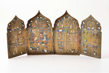 saliekama svētbilde, Divpadsmit Lielie Svētki, vara sakausējuma, 4-krāsu emalja, Krievijas impērija, 19. un 20. gadsimtu robeža, 40.6 x 18.1 x 0.9 cm, 1400 g.