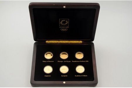 komplekts, 100 eiro, 2004 g., Zelta monētu komplekts, kas veltīts 2004. gada vasaras olimpiskajām spēlēm Atēnās, zelts, 999 prove, Itālija, 6 x 10 g, Ø 25 mm, Proof