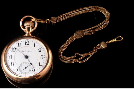 pocket watch, "Hamilton", USA, the beginning of the 20th cent., metal, gold plated, 127.8 g, Ø 56 mm