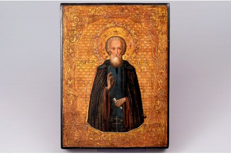 ikona, Svētais Radoņežas Sergijs, dēlis, gleznojums, vizuļzelts, Krievijas impērija, 20. gs. sākums, 17.8 х 13.3 х 2 cm