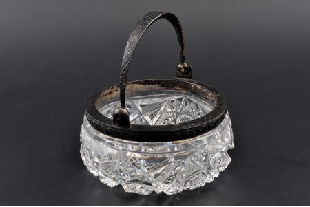 candy-bowl, silver, 875 standard, cut-glass (crystal), Ø 10.7 cm, h (with handle) 11 cm, the 30ties of 20th cent., Latvia