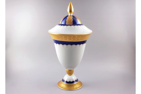 vase, cobalt, gold plated, porcelain, M.S. Kuznetsov manufactory, hand-painted, Riga (Latvia), 1937-1940, 37.5 cm, first grade