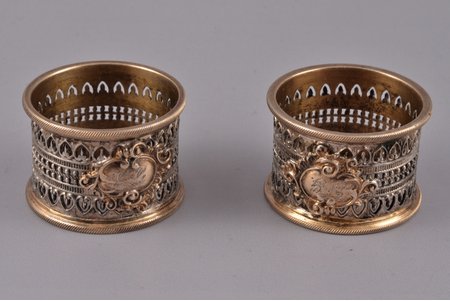 pair of serviette holders, silver, miniature, 800 standard, 24.2 (12+12.2) g, gilding, filigree, Ø 3.1 cm, the end of the 19th century, Germany