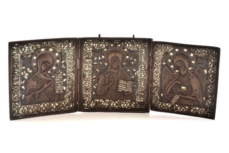 icon with foldable side flaps, Deesis: Jesus Christ, Holy Virgin Mary and St. John the Baptist, copper alloy, 2-color enamel, Russia, the middle of the 19th cent., 42.3 x 16.5 x 0.2-0.5 cm, 1272 g.