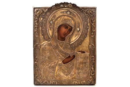 icon, Mother of God Bogolubskaya (holding a scroll in hand), board, silver, painting, guilding, 84 standard, Dmitry Alexandrov's workshop, Moscow, Russia, 1843, 36 x 29 x 3.5 cm