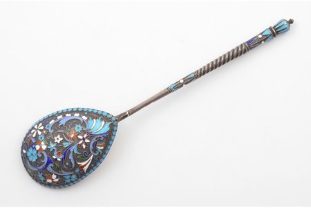 spoon, silver, 84 standard, 72.7 g, cloisonne enamel, 20.2 cm, D. P. Nikitin's workshop, 1896-1907, Moscow, Russia