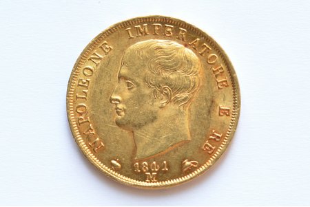 Италия, 40 лир, 1811 г., "Наполеон I", золото, 900 проба, 12.903 г, вес чистого золота 11.6 г, KM# 12, Fr# 5, фактический вес 12.89 г