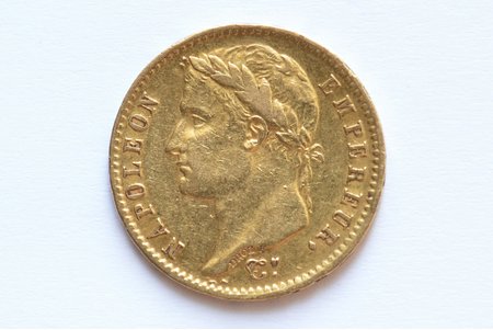 Франция, 20 франков, 1809 г., "Наполеон I", золото, 900 проба, 6.45161 г, вес чистого золота 5.806 г, F# 516, KM# 695, фактический вес 6.42 г