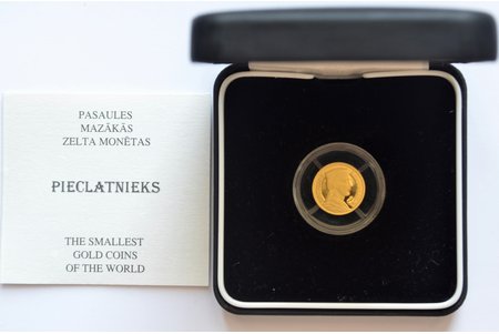 Latvija, 5 lati, 2003 g., "Pieclatnieks", zelts, 999.9 prove, 1.2442 g, tīra zelta svars 1.2442 g, KM# 59
