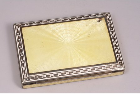snuff-box, powder-box, silver, 925 standard, 160 g, guilloché enamel, 9 х 6.2 х 1.35 cm, the border of the 19th and the 20th centuries, France, enamel chip