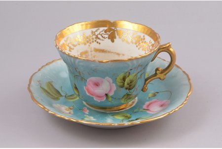 tea pair, Flowers, hand painted, porcelain, Kornilov Brothers manufactory, Russia, the middle of the 19th cent., Ø of saucer 15 cm, H of cup 6 cm