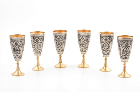 set of 6 small glasses, silver, 304 g, niello enamel, gilding, 10.9 cm, the artistic plant of Kubachinsk, 1977, Dagestan, USSR