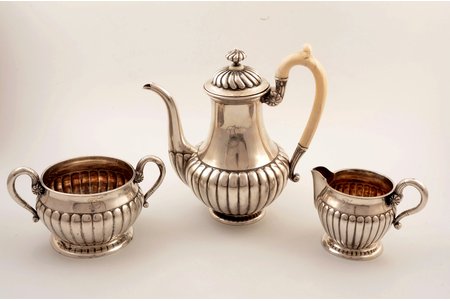service, silver, 84 standard, 1123 g, ivory, "Grachev Brothers", 1895, St. Petersburg, Russia, only Estonian hallmarks are present on the sugar bowl and creamer (remarked, after bottom processing)