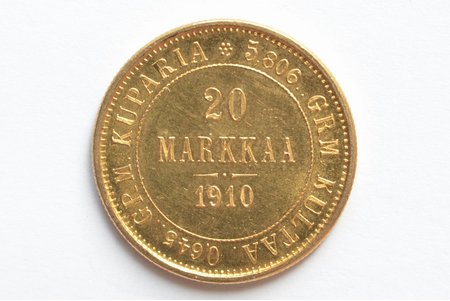 Somija, 20 markas, 1910 g., "Nikolajs II", zelts, 900 prove, 6.4516 g, tīra zelta svars 5.806 g, KM# 9, Schön# 9, faktiskais svars 6.45 g