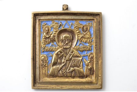 icon, Saint Nicholas the Wonderworker, copper alloy, 1-color enamel, Russia, the end of the 19th century, 5.93 x 5.43 cm