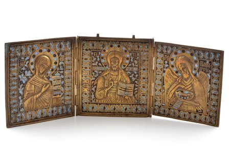 icon with foldable side flaps, Deesis: Jesus Christ, Holy Virgin Mary and St. John the Baptist, copper alloy, 2-color enamel, Russia, the 1st half of the 19th cent., 17 х 44.4 х 0.25-0.64 cm