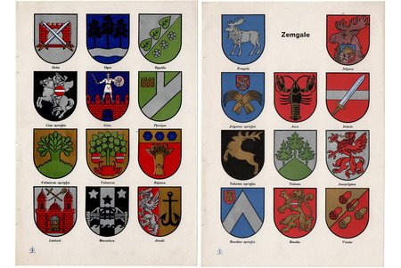 litography, coat of arms of city, 2 sheets with coats of arms of Latvian cities, Latvia, 30ties of 20th cent., 24.5 x 16.7 cm, "Ernst Plates"