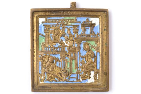icon, Nativity of the Blessed Virgin Mary, copper alloy, 3-color enamel, Russia, the border of the 19th and the 20th centuries, 5.9 x 5.1 x 0.5 cm, 61.15 g.