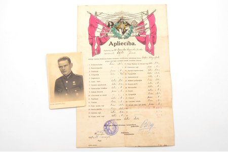 certificate with photo, Latvian Army, 12th Bauska Infantry regiment, sergeant Jēkabs Egle, for successfully completing the course of instructors of the Electrotechnical division, Latvia, 1927, certificate 34.7 x 22 cm, small tears on the edges and at the folds; photo 13.4 x 8.4 cm
