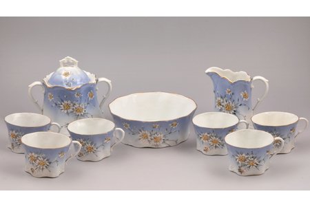 service, 9 items (incomplete set), decal, handpaint elements, porcelain, M.S. Kuznetsov manufactory, Riga (Latvia), Russia, the end of the 19th century, h (cup) 5.3 cm / h (sugar bowl with lid) 13.7 cm / Ø (candy bowl) 16.2 cm, small chip on the edge of candy bowl, cup with 2 hairline cracks