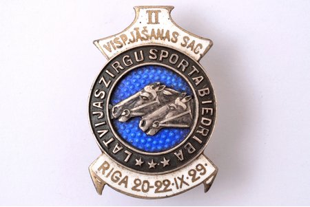 badge, Latvian Equestrian Society, 2nd general horse racing, silver, enamel, Latvia, 1929, 33 x 22 mm