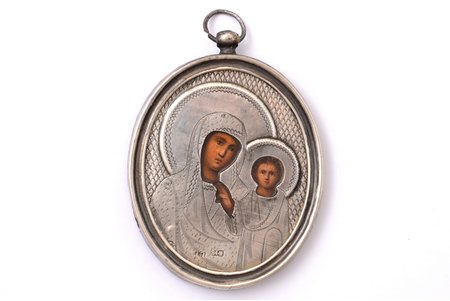 pendant icon, Kazan icon of the Mother of God, Panteleev's store, Gostiny Dvor, board, silver, painting, engraving, 84 standard, Moscow, Russia, 1880-1890, 7.5 x 5.7 x 0.6 cm