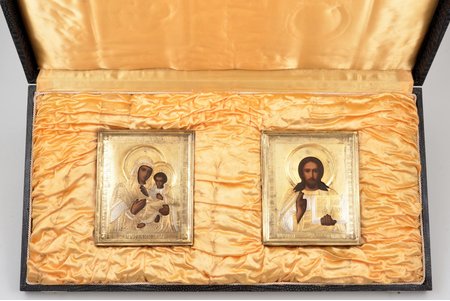 wedding icon pair, Jesus Christ Pantocrator, Tikhvin icon of the Mother of God, board, painting, silvering, guilding, metal, Russia, 13.5 x 11.3 x 1.7 cm, in a case