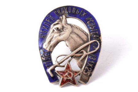 badge, Anniversary of horse race trials, 100 years, silver, enamel, USSR, 1925, 31.6 x 23.6 mm, 3.55 g, enamel chip