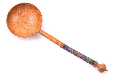spoon, silver, 84 standard, total weight of item 20.40 g, cloisonne enamel, Karelian birch, 20.3 cm, 1908-1917, Russia