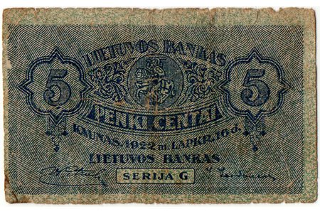 5 centi, banknote, 1922 g., Lietuva, F