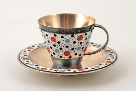 coffee pair, silver, 916 standard, total weight of items 116.3, cloisonne enamel, h (cup) 4 cm, Ø (saucer) 9 cm, Leningrad jewelry-watch factory, 1957, Leningrad, USSR