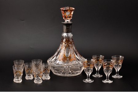 set of carafe and 6 + 4 glasses, silver, 875 standard, colored glass, Latvia, the 30ties of 20th cent., carafe with cork h 25.5 cm, glasses h 4.8 / 7.6 cm