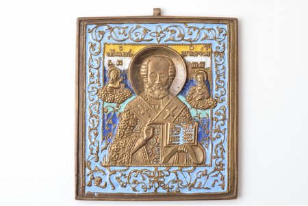 ikona, Svētais Nikolajs Brīnumdarītājs, vara sakausējuma, 5(6?)-krāsu emalja, Maskava, Krievijas impērija, 19. un 20. gadsimtu robeža, 11.1 / 11.6  x 9.75 x 0.5 cm