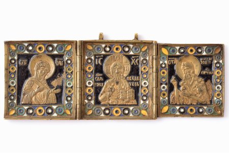 icon with foldable side flaps, Deesis: Jesus Christ, Holy Virgin Mary and St. John the Baptist, copper alloy, 6-color enamel, Russia, 5.4 x 13.8 cm, 121.20 g.