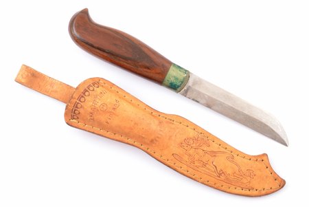 mednieku nazis, J. Marttiini, koks, metāls, Somija, kopējais garums 21.5 cm, asmeņa garums 10 cm, ādas makstī