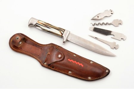 hunters knife (multitool), with additional blades, metal, total length 23.8 cm, blade length 13 cm, in leather sheath