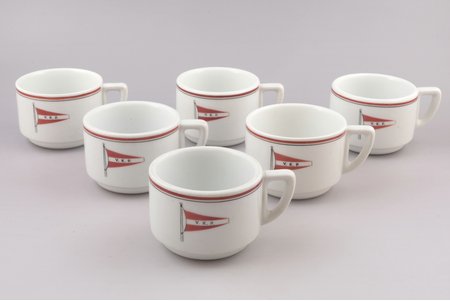 6 tējas krūžu komplekts, V.K.P., porcelāns, J. K. Jessen rūpnīca, Rīga (Latvija), 1936-1939, 1941-1944 g., H 6 / Ø 8.3 cm, otrā šķira