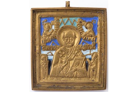 icon, Saint Nicholas the Wonderworker, copper alloy, 4-color enamel, Russia, 6.4 x 5.4 x 0.4 cm, 65.55 g.