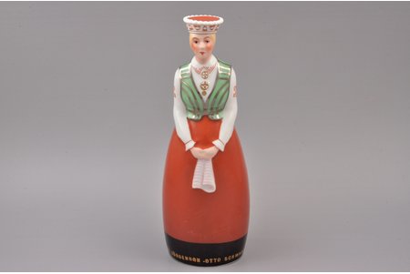 figurine, liqueur bottle, Girl in traditional costume, "A/S Ch. Jürgenson - Otto Schwarz", porcelain, Riga (Latvia), J.K.Jessen manufactory, hand-painted, the 30-40ties of 20th cent., 25.5 cm