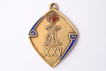 jetton, St. Petersburg Committee for the Care of Sisters of the Red Cross / For the Services of R.O.K.K., silver, 84 standard, Russia, 1908, 28.7 х 21.7 mm, 4.8 g, The St. Petersburg Board of Trustees of the Sisters of Mercy of the Red Cross Society was formed on April 8, 1882 (date on the obverse of the badge) by decision of the Main Directorate of the Russian Red Cross Society. The task of the Committee was to provide assistance to the sisters of mercy who visited the theaters of hostilities, but in peacetime were left without a livelihood. The patroness and honorary chairman of the Committee was E.I.V. Princess Eugenia Maximilianovna of Oldenburg (1845–1925). The monogram of her name is placed on front side