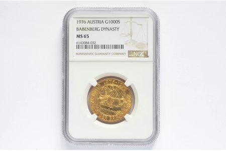 Austrija, 1000 šiliņu, 1976 g., "Babenbergu dinastijas 1000. gadadiena", zelts, MS 65, 900 prove, 13.5 g, tīra zelta svars 12.15 g, KM# 2933, Fr# 909