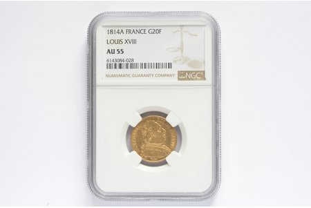Франция, 20 франков, 1814 г., "Людовик XVIII", золото, AU 55, 900 проба, 6.45161 г, вес чистого золота 5.81 г, F# 517, KM# 706