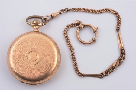 карманные часы, Швейцария, начало 20-го века, золото, 585 проба, вес без часовой цепочки 92.4 г, Ø 51 мм, механизм в рабочем состоянии, внутреняя крышка - металл