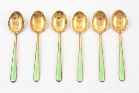 set of 6 spoons, silver, in a box, 925 standard, total weight of items 47.90, enamel, gilding, 9.5 cm, N. M. Thune, Oslo, Norway