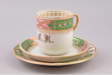 tea trio, porcelain, faience, M.S. Kuznetsov manufactory, Riga (Latvia), Russia, 1872-1887, Ø (saucers) 15.4 cm / 12.7 cm, h (cup) 7 cm