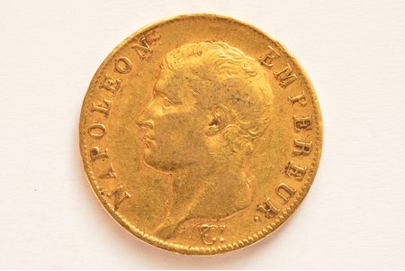Франция, 40 франков, 1806 г., "Наполеон I", золото, 900 проба, 12.90322 г, вес чистого золота 11.6135 г, F# 538, KM# 675, фактический вес 12.85 г
